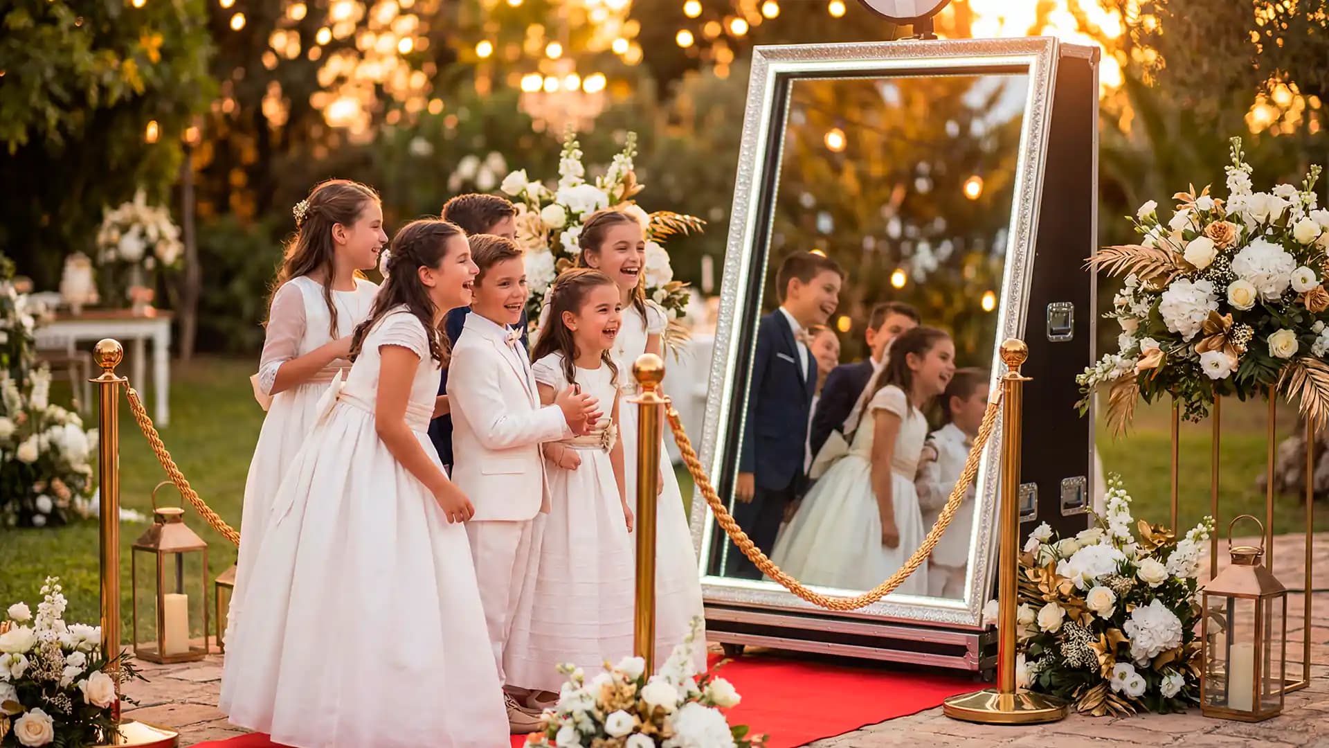 Fotomatón para comuniones en Albacete - Espejo mágico con alfombra roja y accesorios divertidos